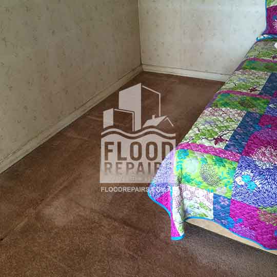 Playford very dirty bedroom carpet and wall before flood repairs job 